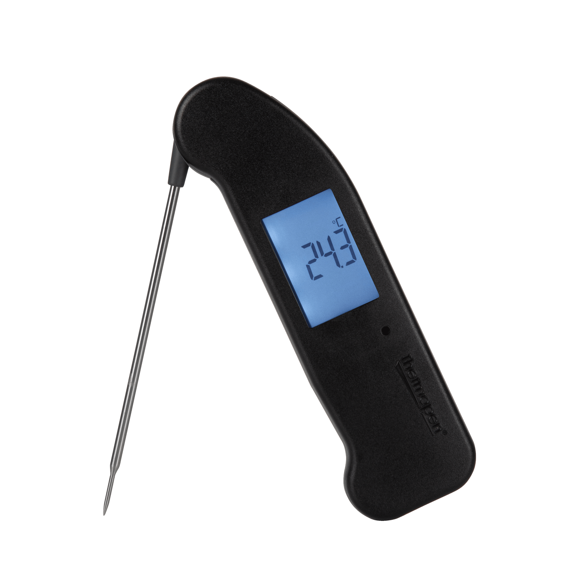 un thermomètre numérique Thermapen® One sur fond noir de Thermometer.eu.