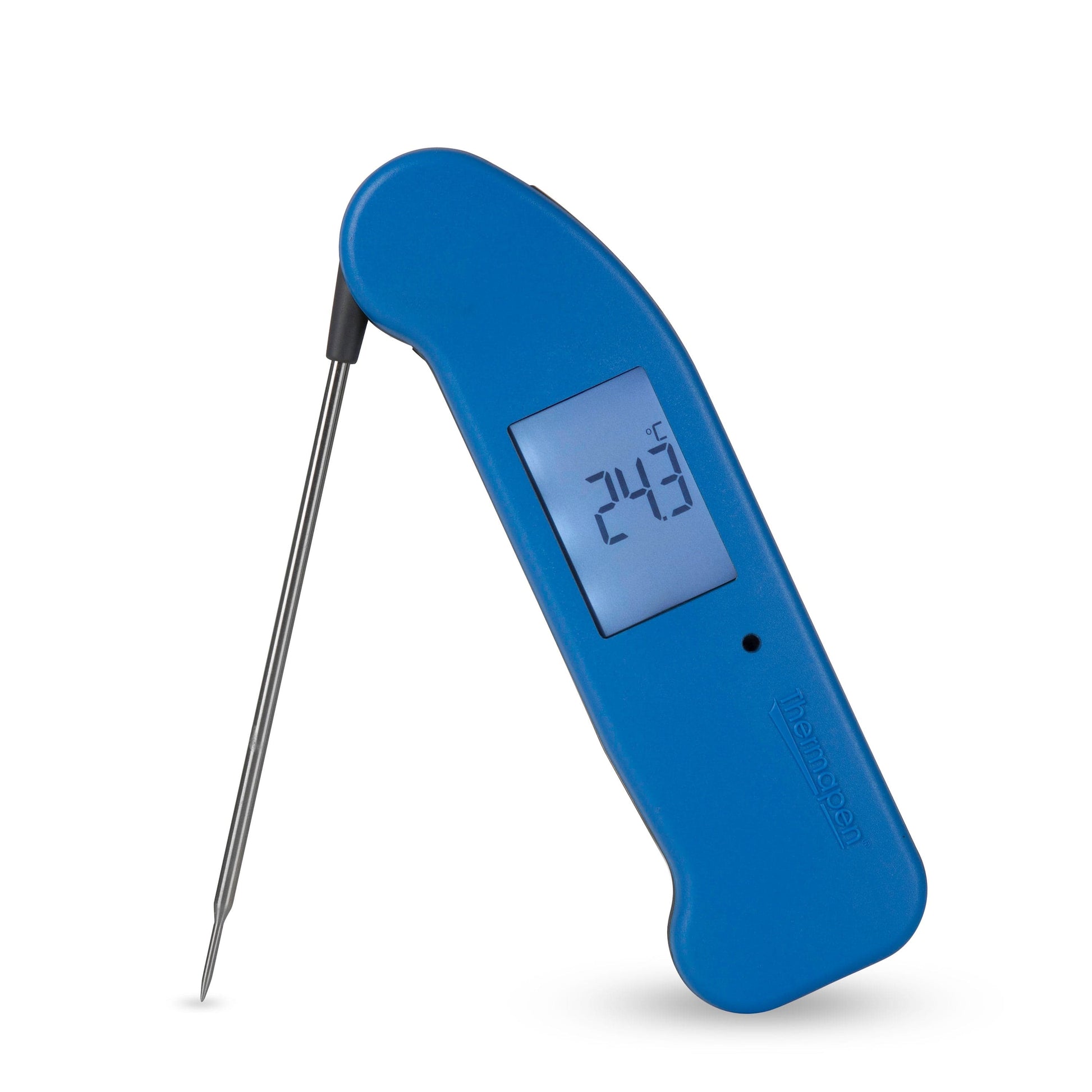 un thermomètre numérique Thermapen® One bleu sur fond blanc