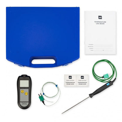 une mallette bleue avec un Kit de thermomètre de restauration économique et un Thermomètre.fr.