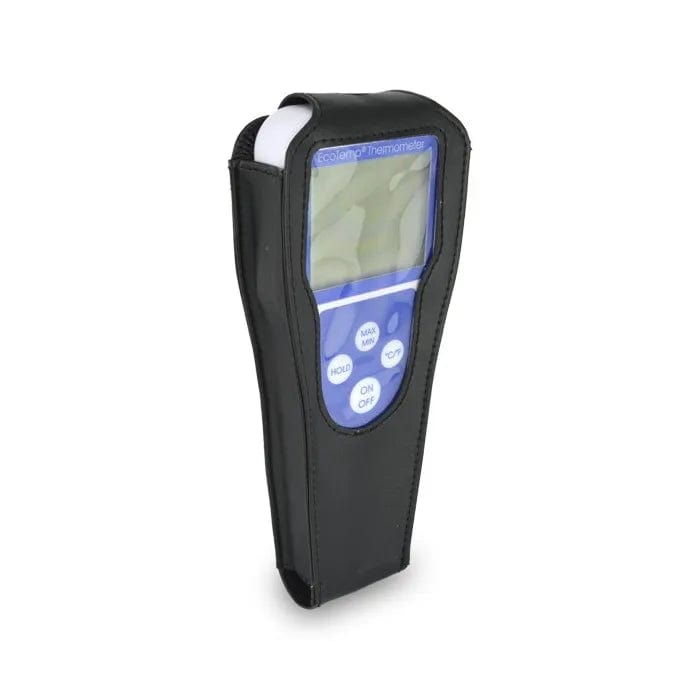 Une Pochette de protection pour EcoTemp noire avec un écran bleu de Thermometre.fr.
