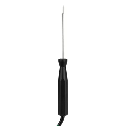 Un outil Sonde de température à réponse rapide noir avec un manche vert sur fond blanc de la marque Thermometre.fr.