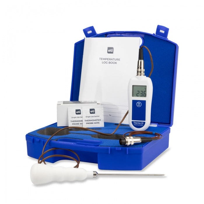 une mallette bleue avec un Kit de thermomètre pour l'hygiène alimentaire Thermometre.fr et un thermomètre.