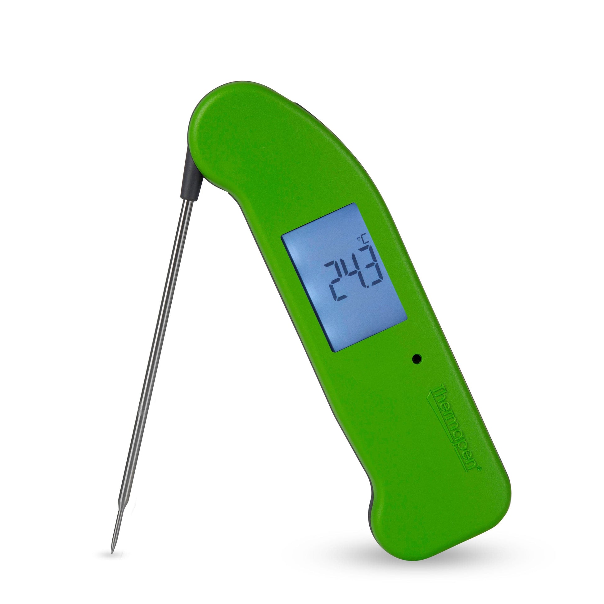 un thermomètre numérique Thermapen® One vert de Thermometer.eu sur fond blanc.