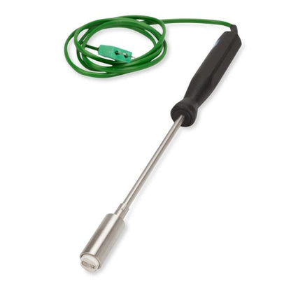 Une Sonde de température de surface robuste à laquelle est attaché un cordon vert pour les mesures de haute température par Thermomètre.fr.