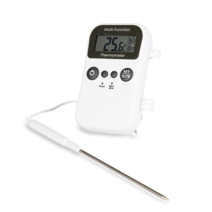 Thermometre.fr propose un thermomètre multifonction pour restauration avec écran LCD en acier et une sonde de pénétration en inoxydable sur fond blanc.