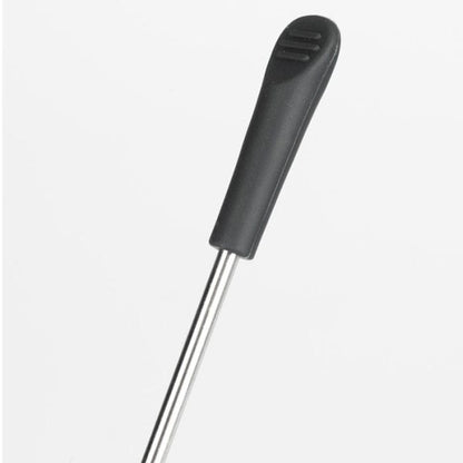 Gros plan d'une sonde Thermomètre.fr en acier inoxydable argenté avec un manche en plastique noir sur fond blanc.