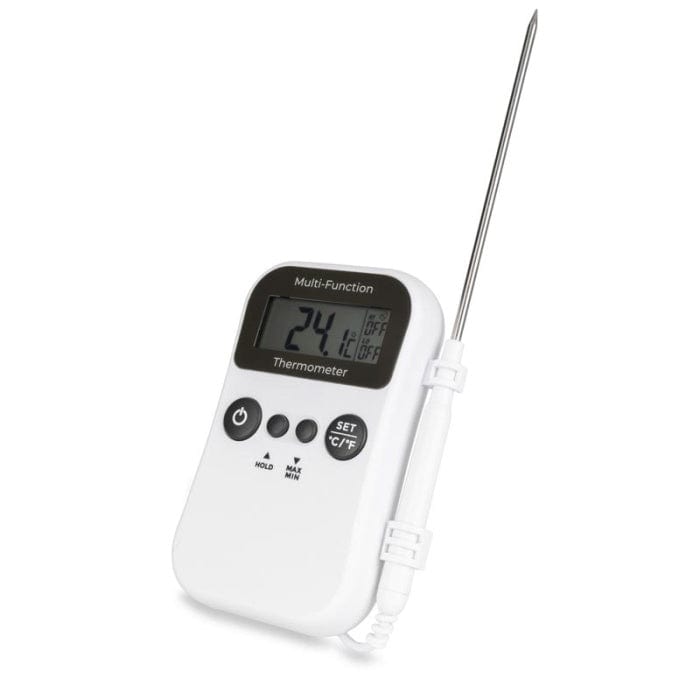 Thermometre.fr Thermomètre multifonction - thermomètre numérique pour restauration avec une sonde de pénétration en acier inoxydable, affichant une température de 24,1 °C sur un fond blanc.
