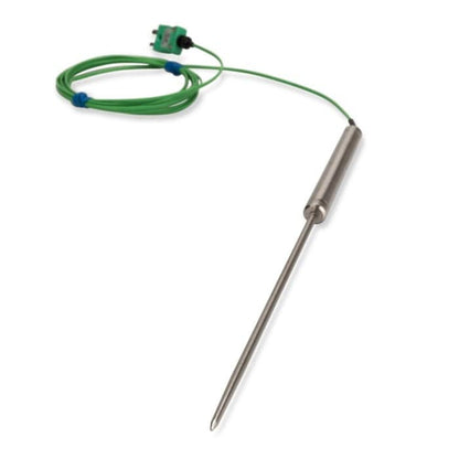 Un thermomètre de précision auquel est attaché un fil de thermocouple vert.
Sonde de température pour quatre de Thermomètre.fr.