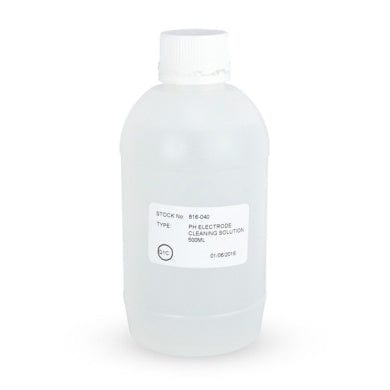 Une Solution de stockage pour électrodes de pH formulée par Thermomètre.fr dans une bouteille de liquide clair sur fond blanc.