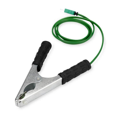 Un outil métallique auquel est attaché un fil vert : Sonde de température Thermomètre.fr pour pince CVC - Sonde CVC.