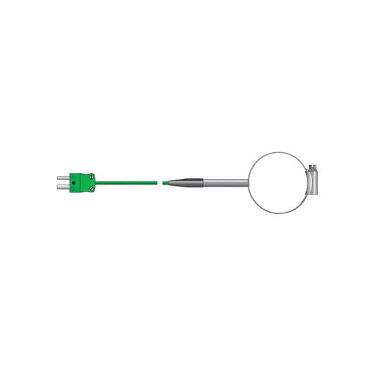 Un objet circulaire avec un cordon vert conçu pour la mesure de la température - Sonde de température de surface pour tuyau de Thermomètre.fr.