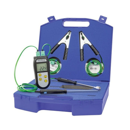 un coffret Kit thermomètre CVC bleu avec un jeu d'outils et un thermomètre digital Thermometre.fr.