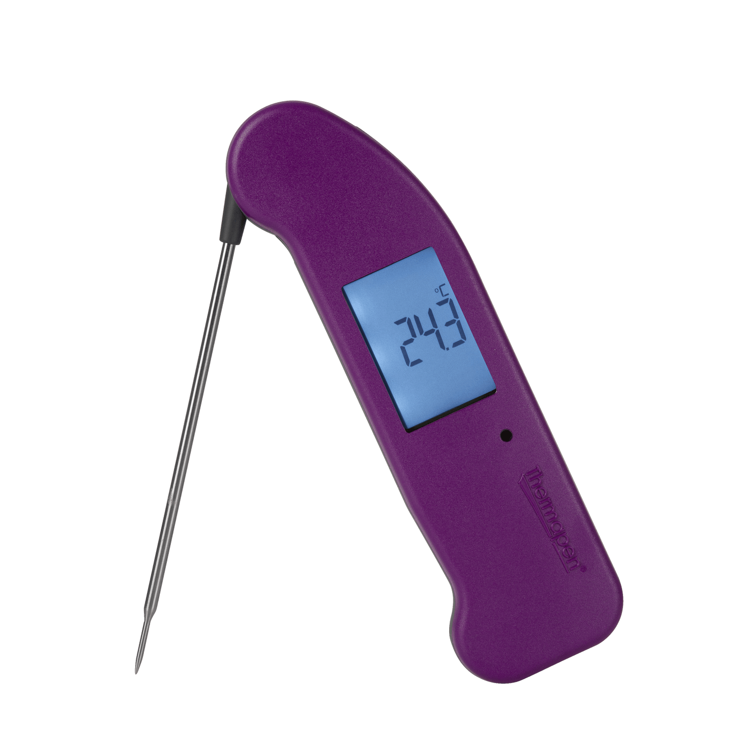 Un termometro digitale Thermapen® One viola su sfondo nero di Thermometer.fr.