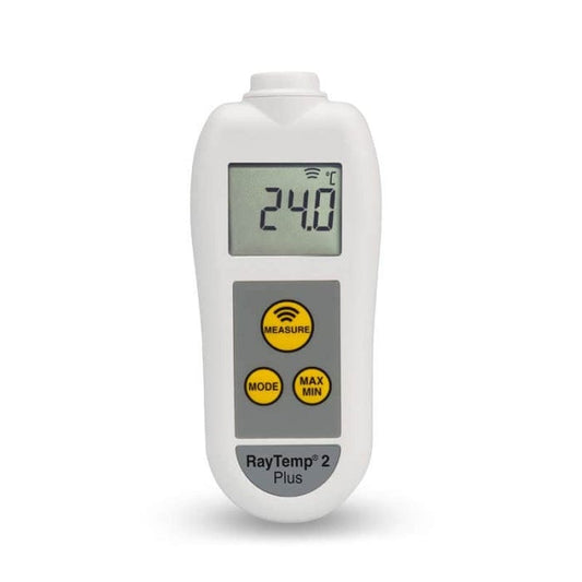 Un thermomètre numérique Thermomètre.fr à émissivité réglable sur fond blanc.