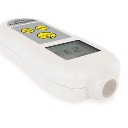 Un thermomètre infrarouge Thermomètre.fr à émissivité réglable sur fond blanc.