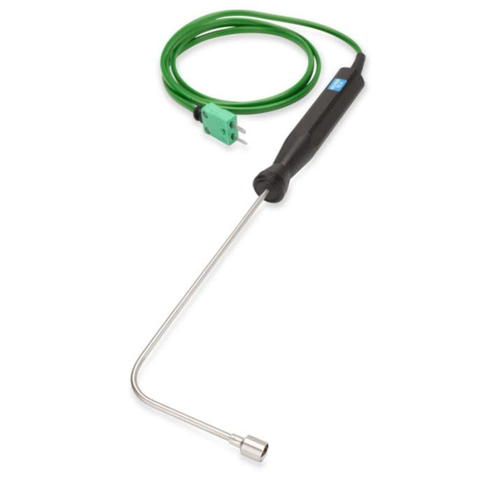 Un tuyau vert avec un fil attaché pour la température de surface de Thermomètre.fr avec la Sonde de température de surface à ruban - à angle droit.