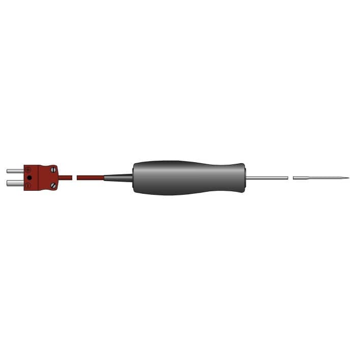 Un fil rouge et noir est fixé sur un fond blanc à l'aide de la sonde miniature Thermomètre.fr Sonde de pénétration à réponse rapide.
