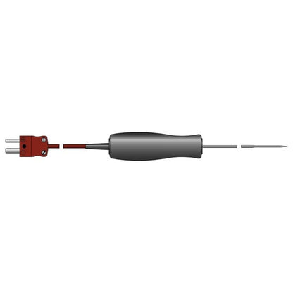 Un fil rouge et noir est fixé sur un fond blanc à l'aide de la sonde miniature Thermomètre.fr Sonde de pénétration à réponse rapide.