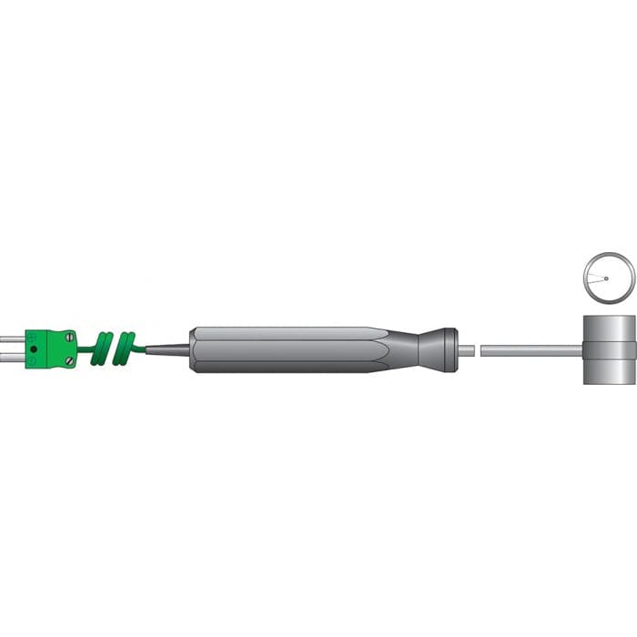 Image d'un tube métallique Thermomètre.fr avec une poignée verte utilisé pour le contrôle de la température dans les conduits CVC.