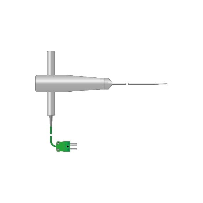 Un appareil auquel est attaché un fil vert, la Sonde de four en forme de T de Thermomètre.fr.