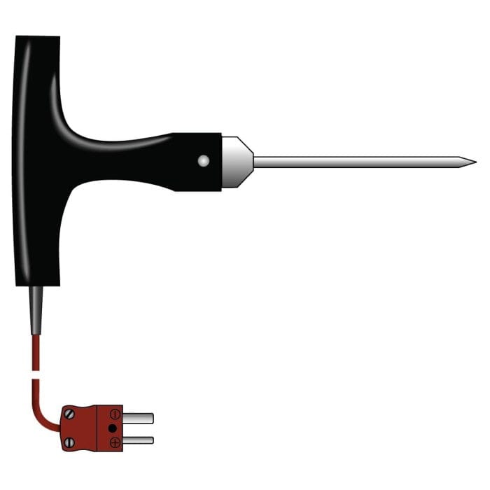 Une Sonde de pénétration en forme de T diamètre 4mm de Thermomètre.fr avec un fil rouge attaché pour des mesures précises.