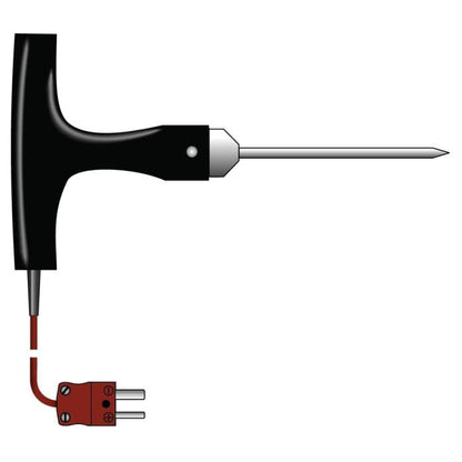 Una sonda di penetrazione a forma di T diametro 4 mm di Thermométrie.fr con un filo rosso collegato per misurazioni precise.