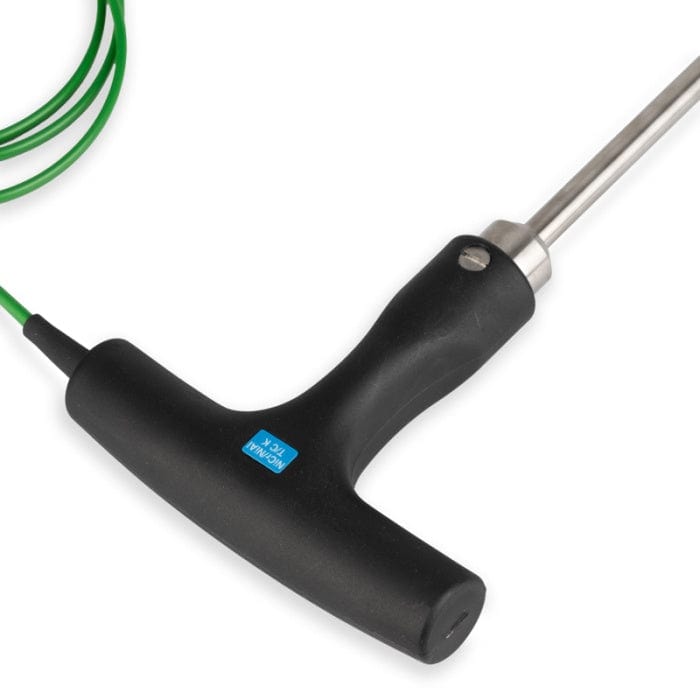Un outil noir et vert auquel est attaché un fil est un Thermometer.fr Sonde de température en forme de T - sonde asphalte ou agro-alimentaire utilisée pour mesurer la température.