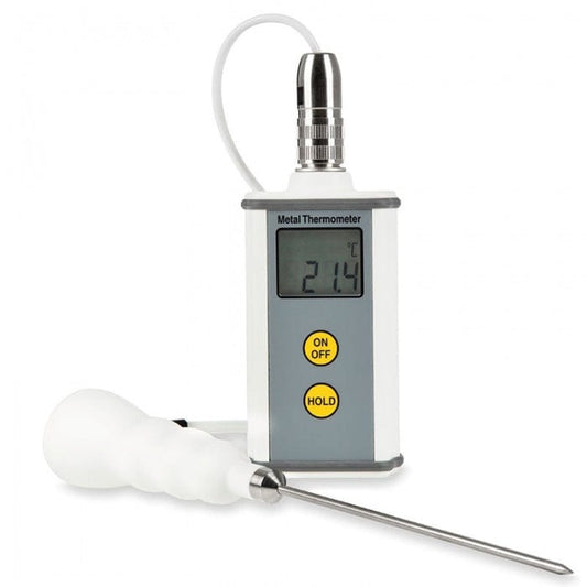 Un termometro in metallo Therma 20 di Thermométrie.fr con un termometro collegato, adatto per misurare con precisione la temperatura.
