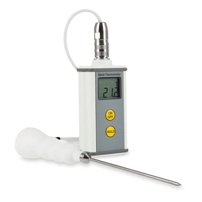 Un thermomètre numérique avec un Thermomètre en métal Therma 20 attaché, de Thermomètre.fr.