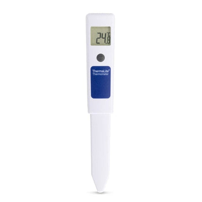 Un NOUVEAU Thermomètre à sonde alimentaire ThermaLite de Thermomètre.fr avec une batterie longue durée, affiché sur fond blanc.