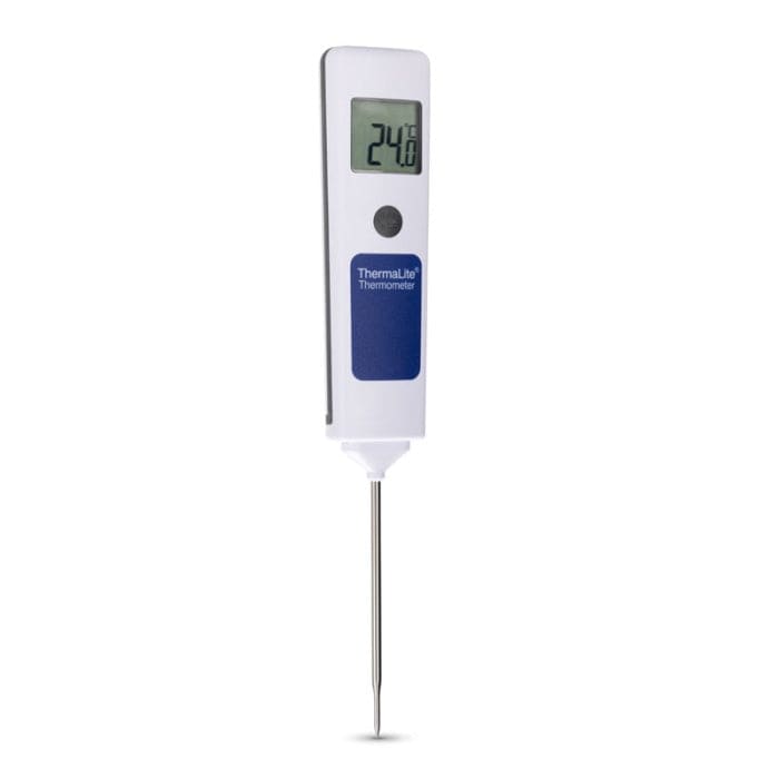Un NOUVEAU Thermomètre à sonde alimentaire ThermaLite avec une pile longue durée sur fond blanc, par Thermomètre.fr.