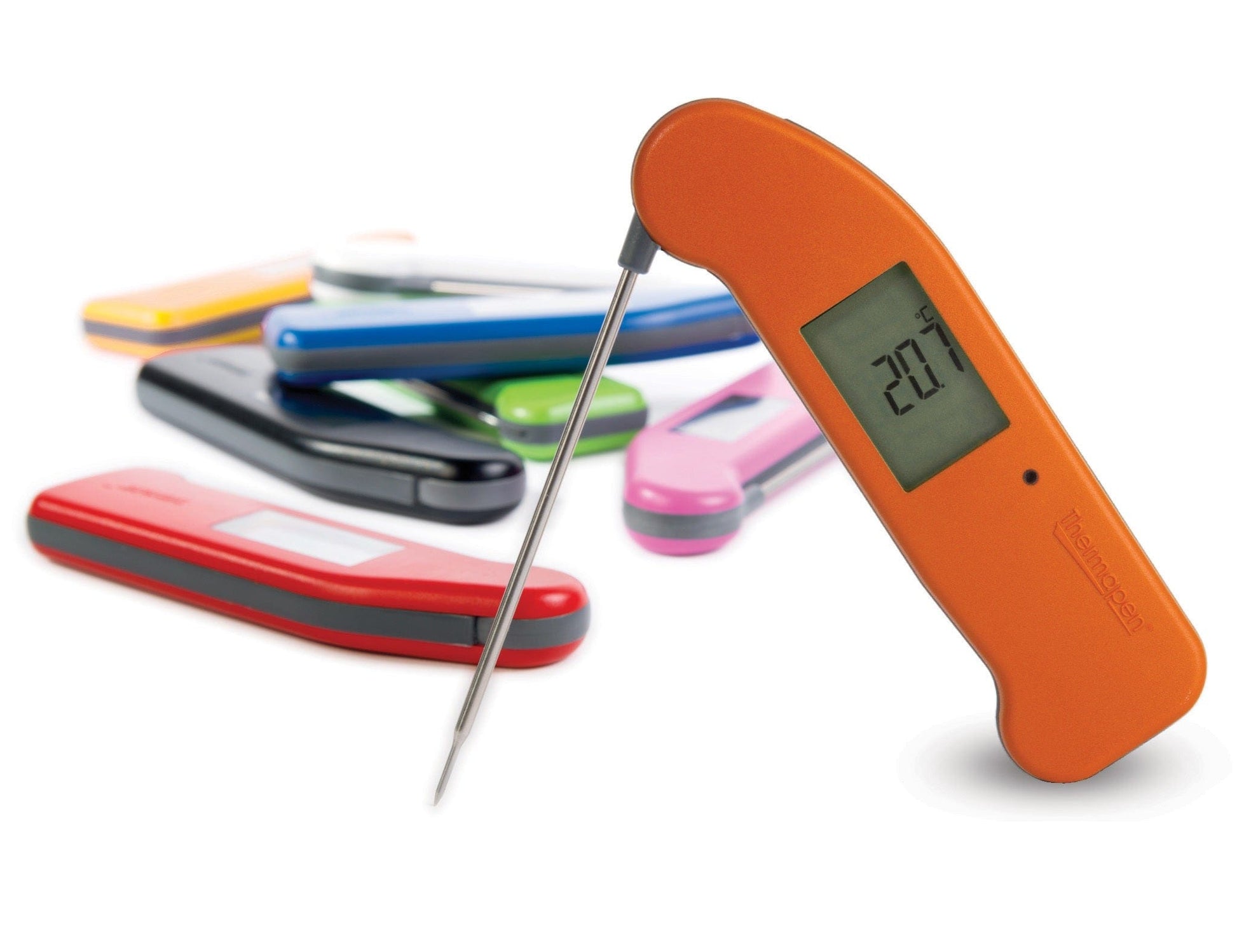 un Thermapen® One avec plusieurs thermomètres Thermometer.eu de couleurs différentes.