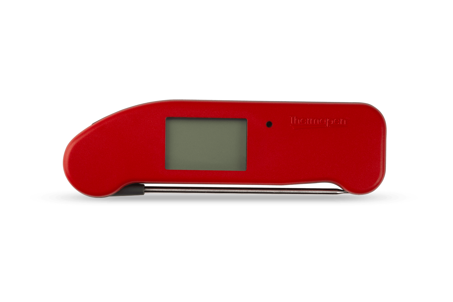 un thermomètre numérique Thermapen® One rouge sur fond blanc. (Marque : Thermomètre.fr)