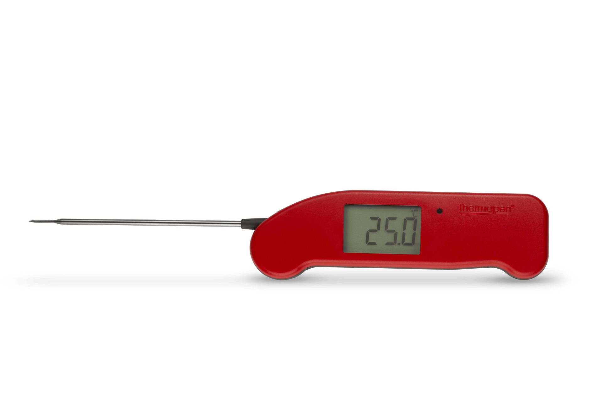 un thermomètre numérique Thermapen® One rouge sur fond blanc par Thermometer.eu.