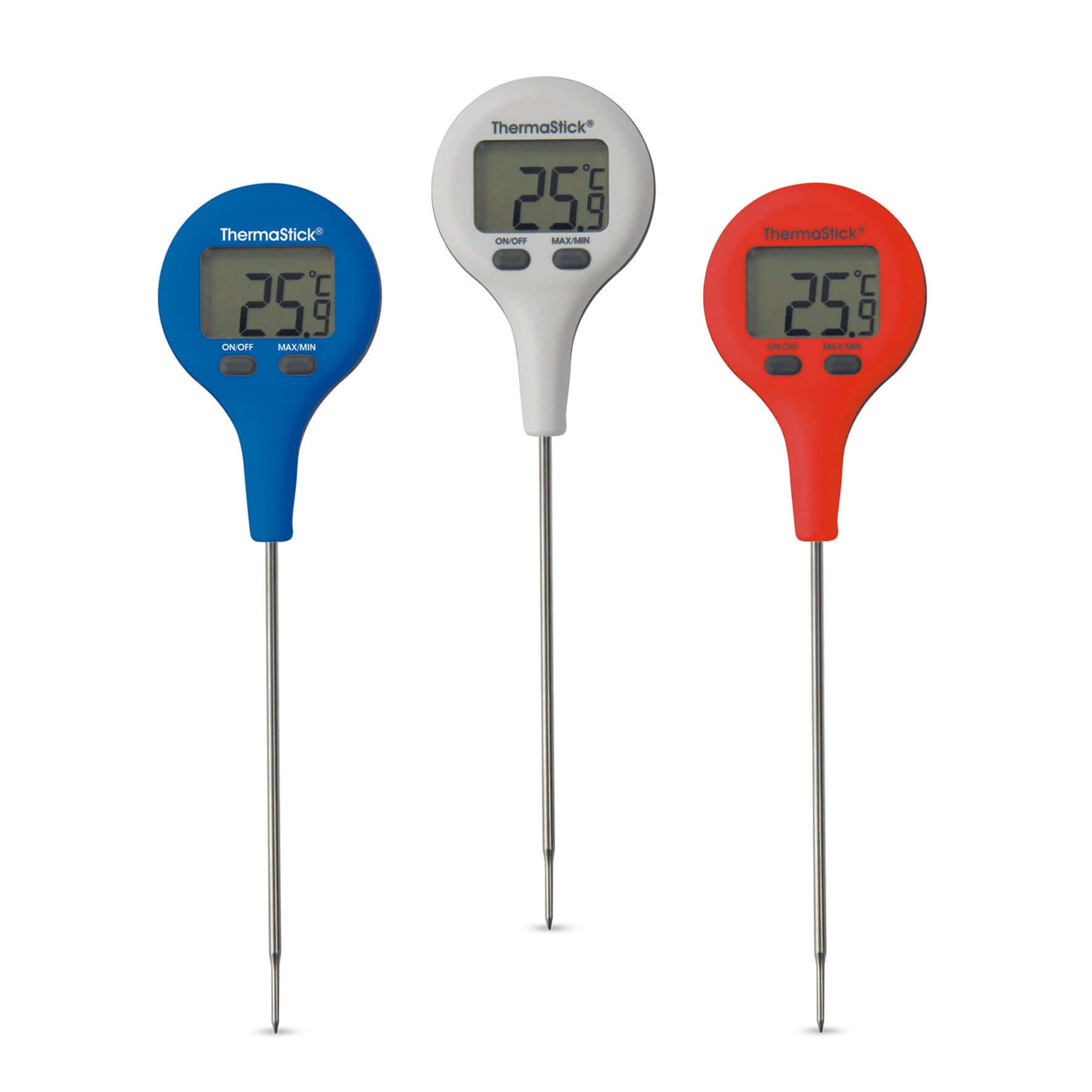trois thermomètres numériques Thermomètres de poche ThermaStick sur fond blanc.