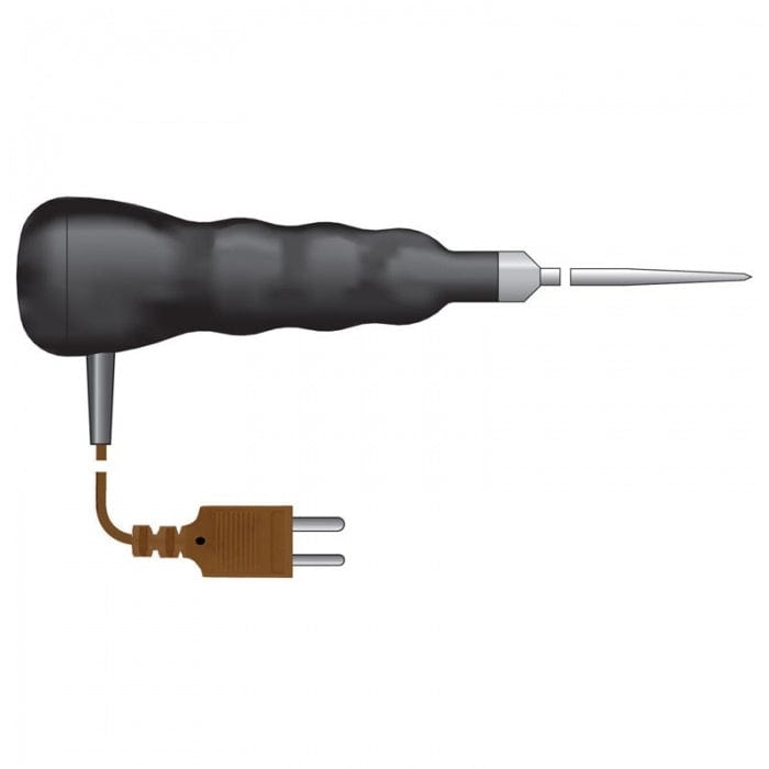 Une Sonde de pénétration de thermocouple de type T étanche noire à laquelle est attaché un cordon marron est fabriquée en acier inoxydable par Thermomètre.fr.