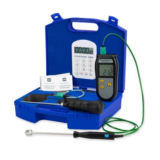 un kit termometro antilegionella blu impermeabile - custodia IP66/67 con un termometro digitale e un tubo di Thermometer.fr.
