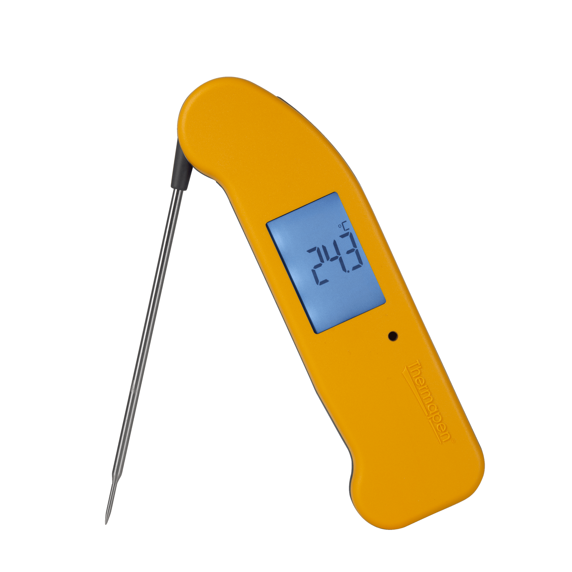 un thermomètre numérique Thermapen® One jaune sur fond noir de Thermometre.fr.