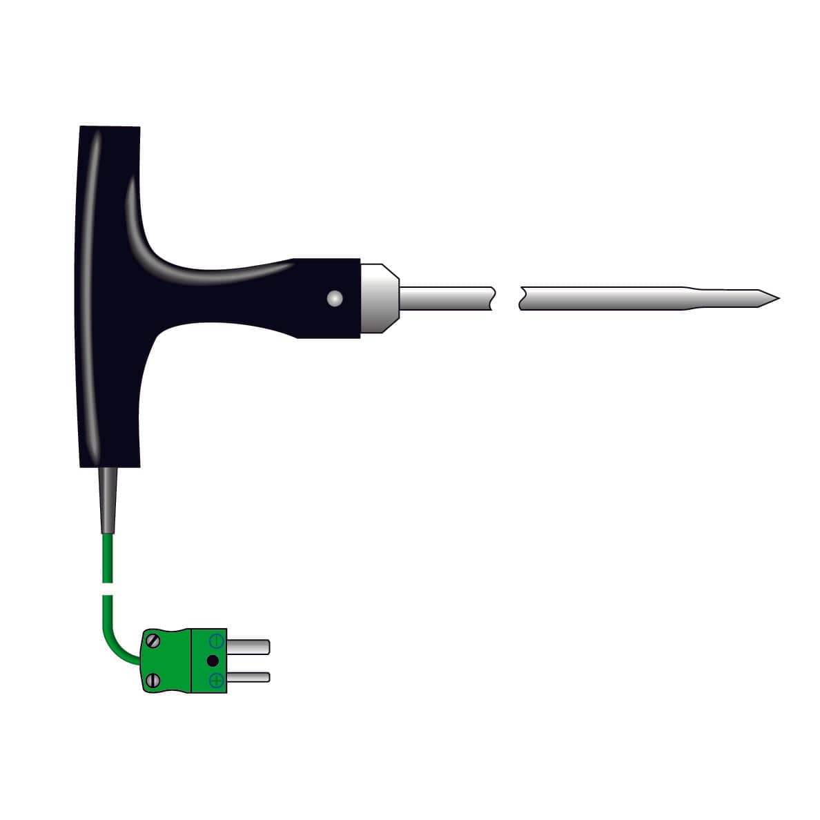 une Sonde de pénétration en forme de T diamètre 6,35 mm de Thermometre.fr avec un fil vert attaché.