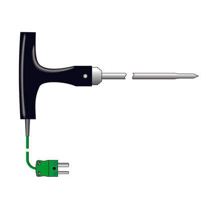 una sonda di penetrazione a forma di T diametro 6,35 mm di Thermometer.fr con un filo verde collegato.