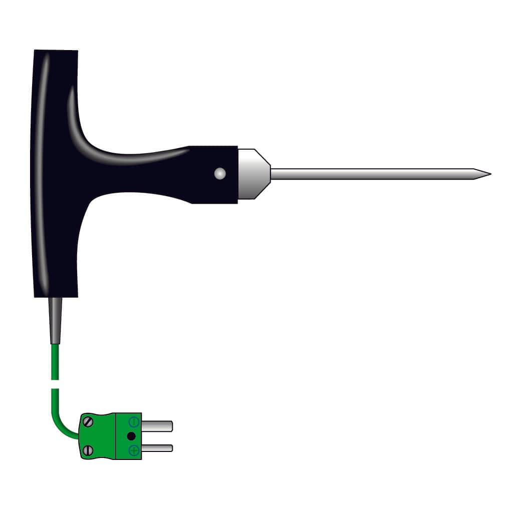 une Sonde de pénétration en forme de T diamètre 4mm avec un fil vert attaché par Thermometer.eu.