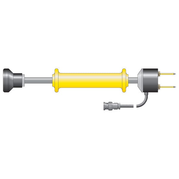 Une Sonde marteau robuste de Thermometre.fr, un tube jaune auquel est attaché un fil.