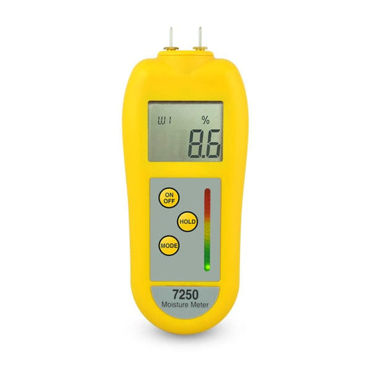 un Humidimètre pour le bois et les matériaux de construction jaune de Thermometre.fr sur fond blanc.
