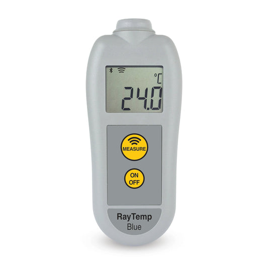 Un termometro a infrarossi RayTemp blu di Thermometer.fr su sfondo bianco.