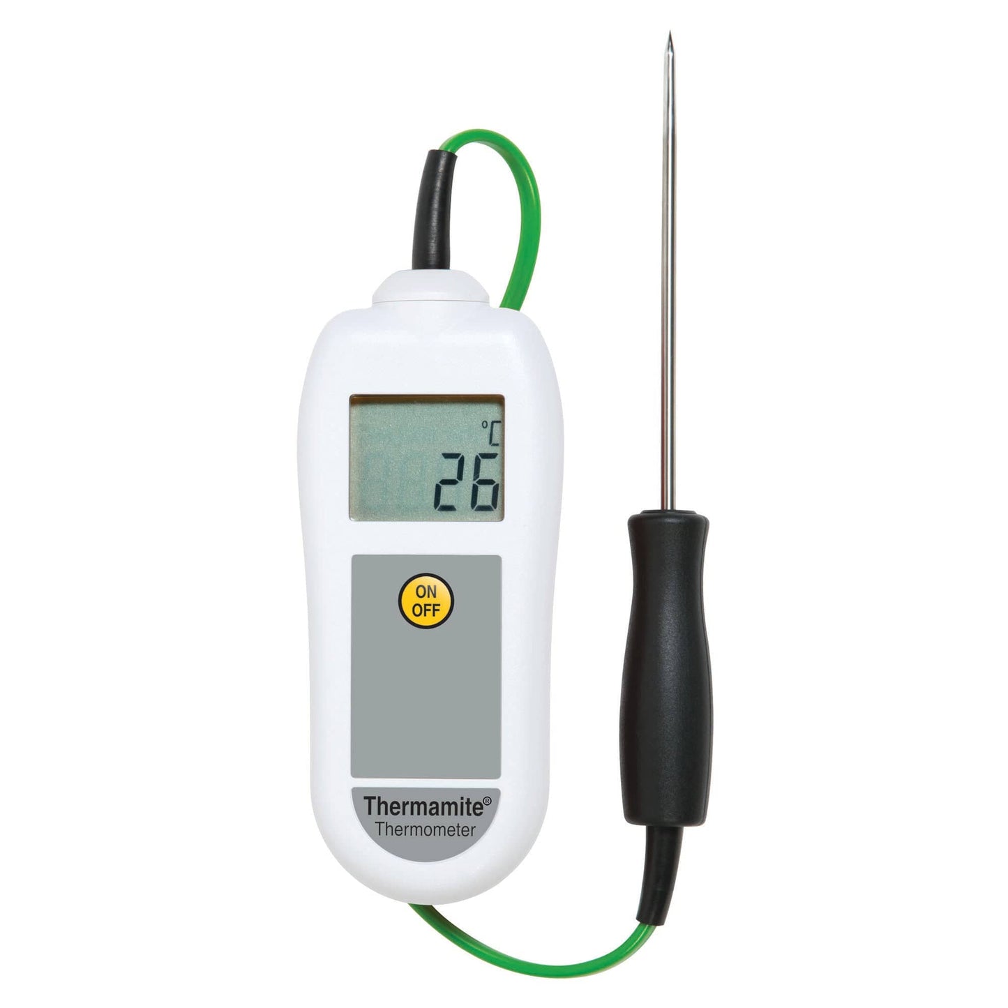 Un Thermomètre numérique blanc Thermamite avec sonde alimentaire de Thermometre.fr sur fond blanc.