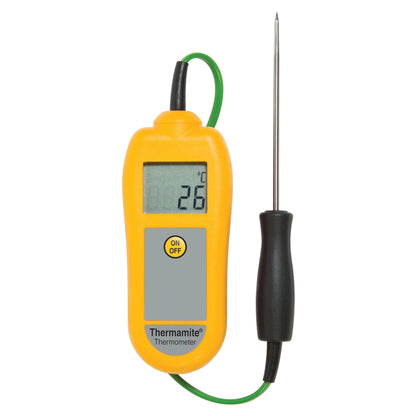 un Thermomètre numérique jaune Thermamite avec sonde alimentaire de Thermometre.fr sur fond blanc.