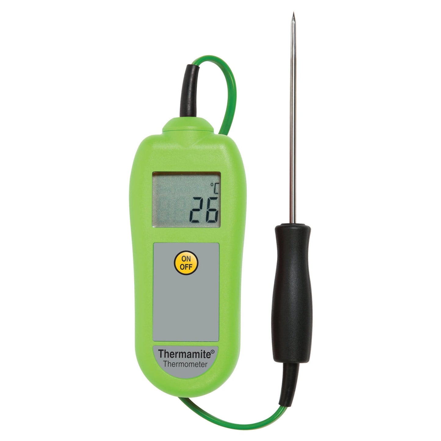 un Thermomètre numérique vert Thermamite avec sonde alimentaire de Thermometre.fr sur fond blanc.