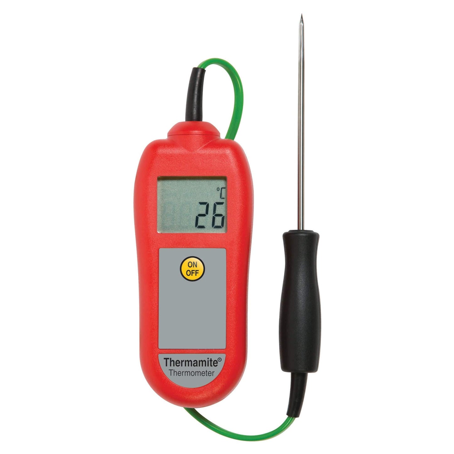 un Thermomètre numérique rouge Thermamite avec sonde alimentaire sur fond blanc de Thermometre.fr.