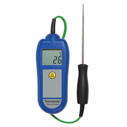 un Thermomètre numérique bleu Thermamite avec sonde alimentaire de Thermometre.fr sur fond blanc.