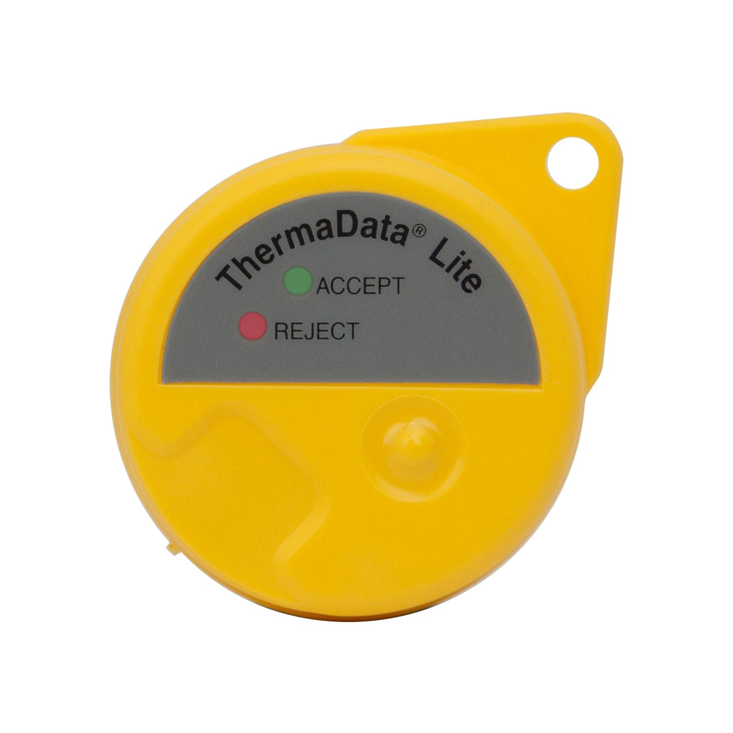 un registratore ThermaData Lite giallo con un pulsante rosso sopra. - Termometro.fr